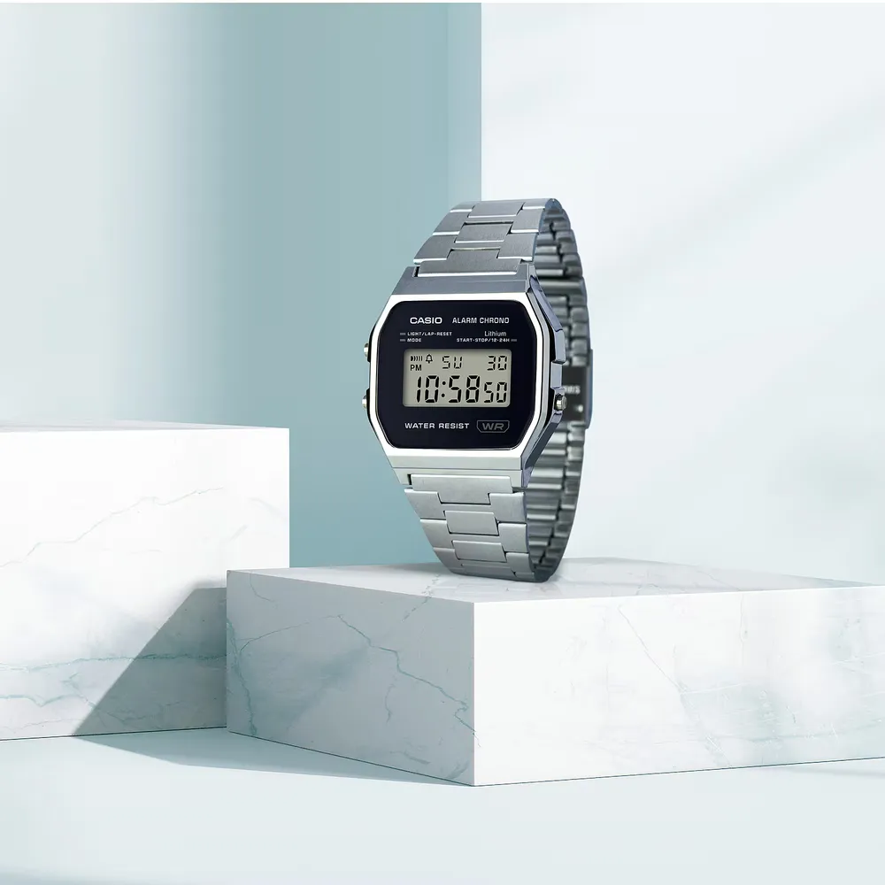 CASIO A158 ตัวเรือนและสายสเตนเลสโทนเงิน